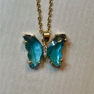 S STEEL EUC Elegant Blue Butterfly Pendant Necklace In Gold Tone